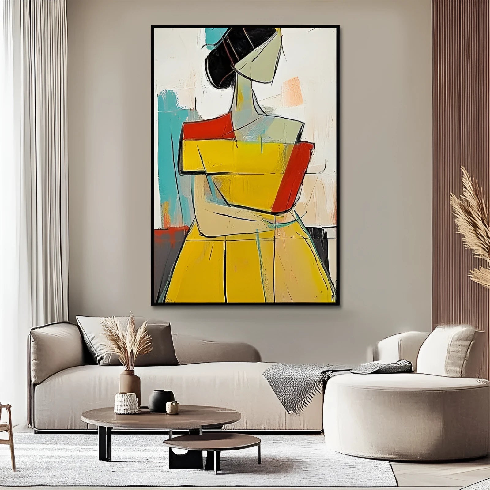 Hand-painted abstract people oil painting in brown and yellow tones on canvas, vintage wabi sabi style