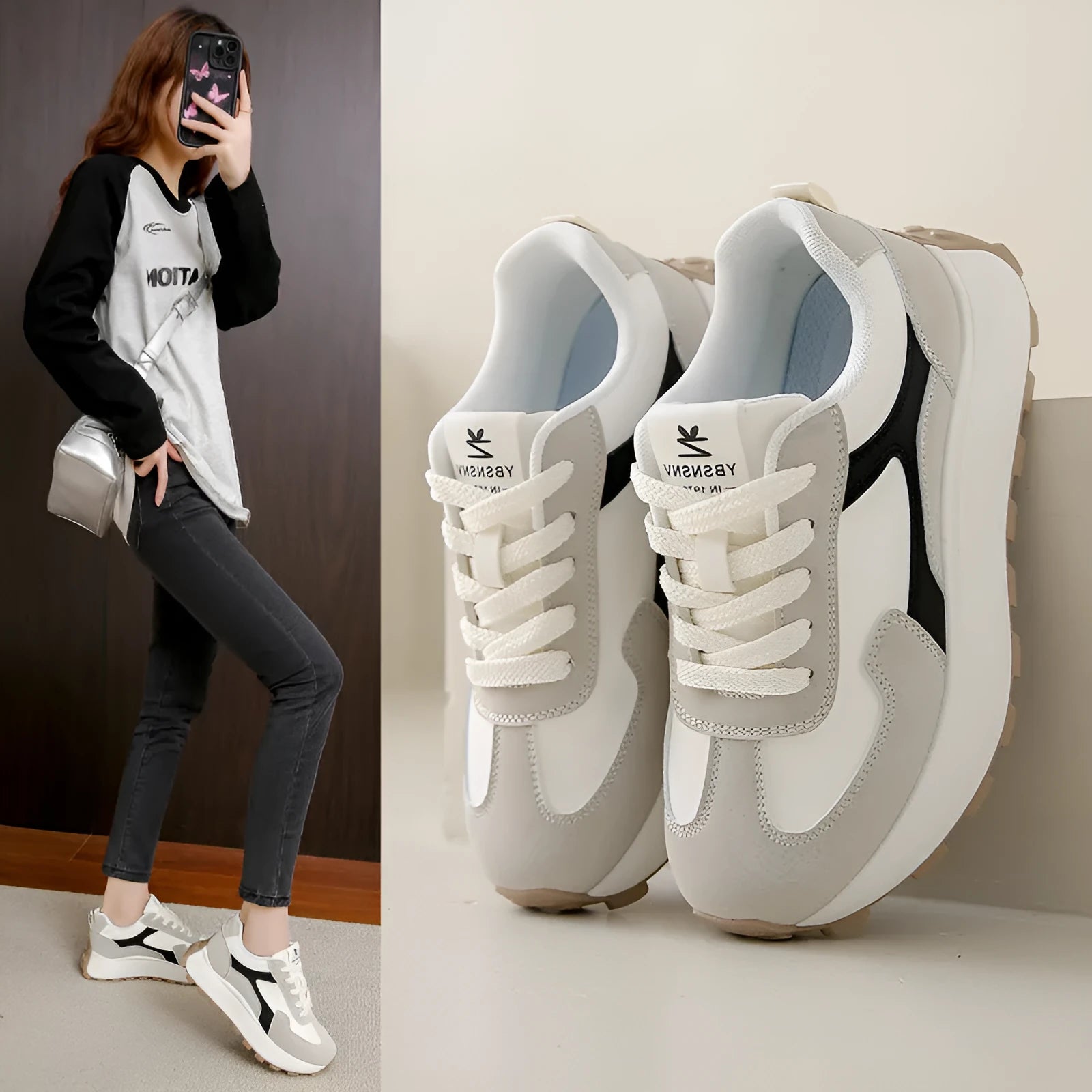 Women's low-top solid colour sports shoes with flat heel and lace-up front in Card Black, Khaki Red, and White Grey.