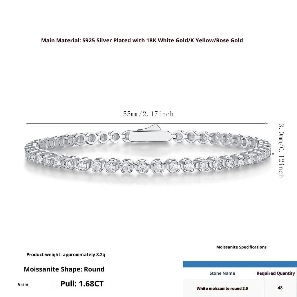 Geometric pure silver S925 moissanite bracelet for women, 16.5 cm length, D-E white colour, inlaid diamond setting