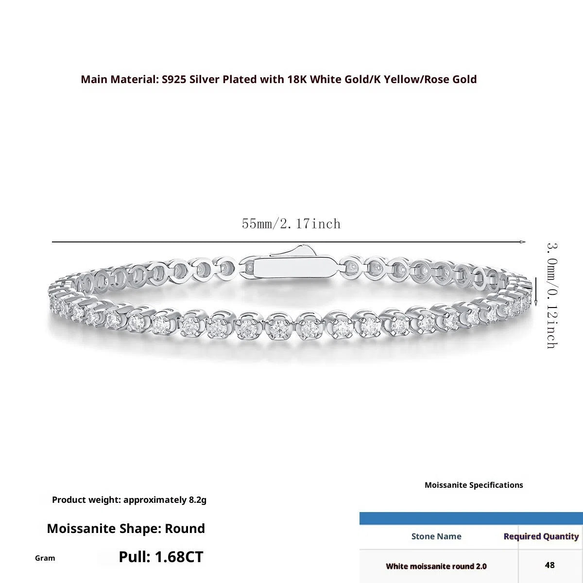 Geometric pure silver S925 moissanite bracelet for women, 16.5 cm length, D-E white colour, inlaid diamond setting