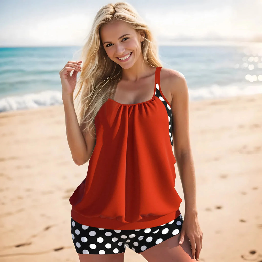 Women's high-waisted polka dot swimsuit boxer briefs in polyester fabric, shown in multiple colours.