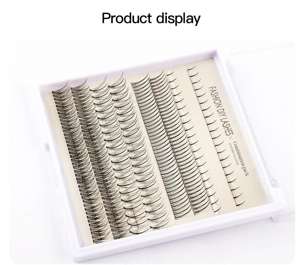 DIY false eyelash kit showing segmented single-cluster lashes, adhesive bottles, tweezers, and a brush on a pink and black background.