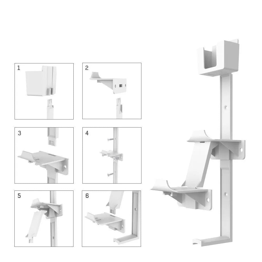 White ABS plastic wall hook holding a PlayStation controller and gaming headset.