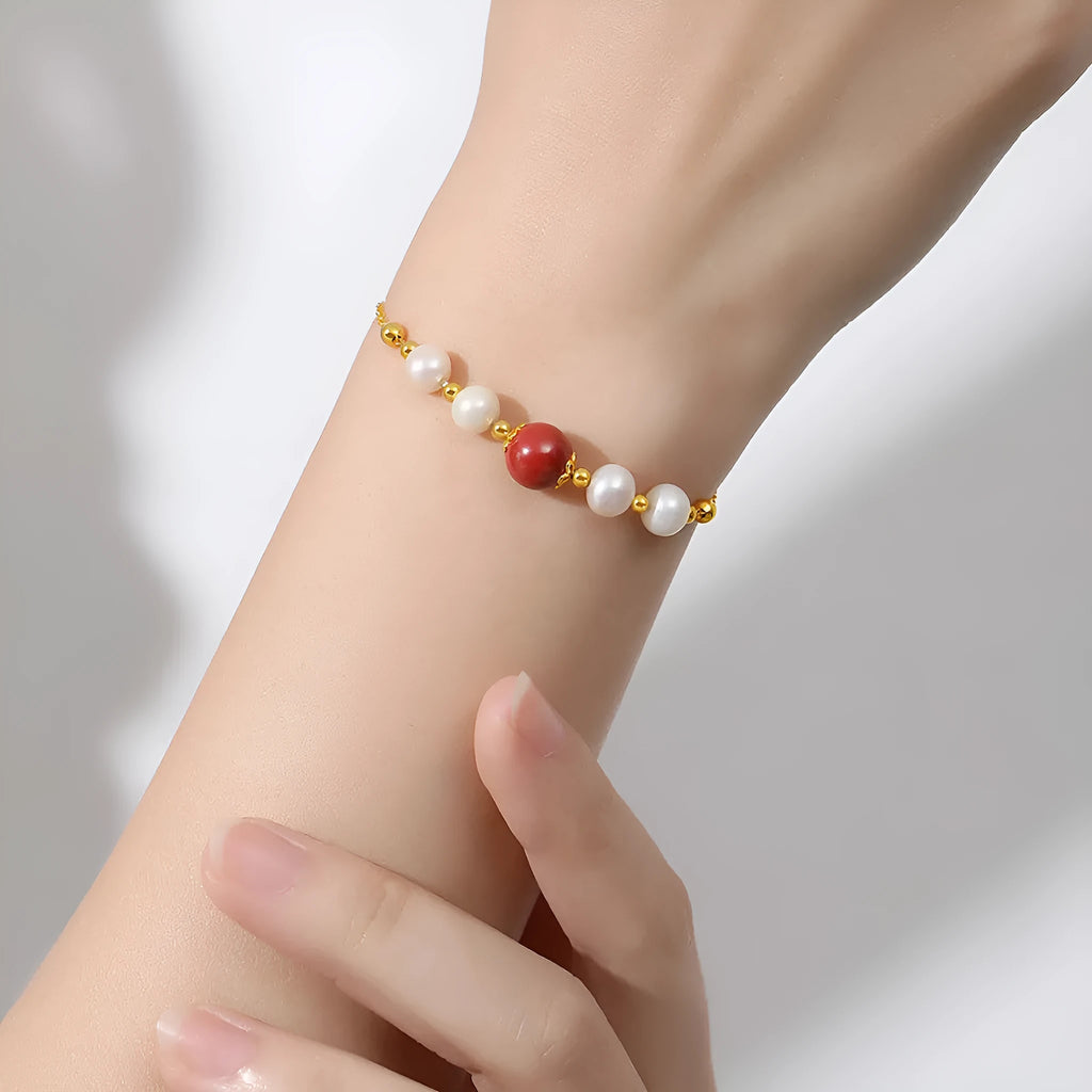 Yellow retro style 925 silver bracelet with red bean pearl cinnabar design for women