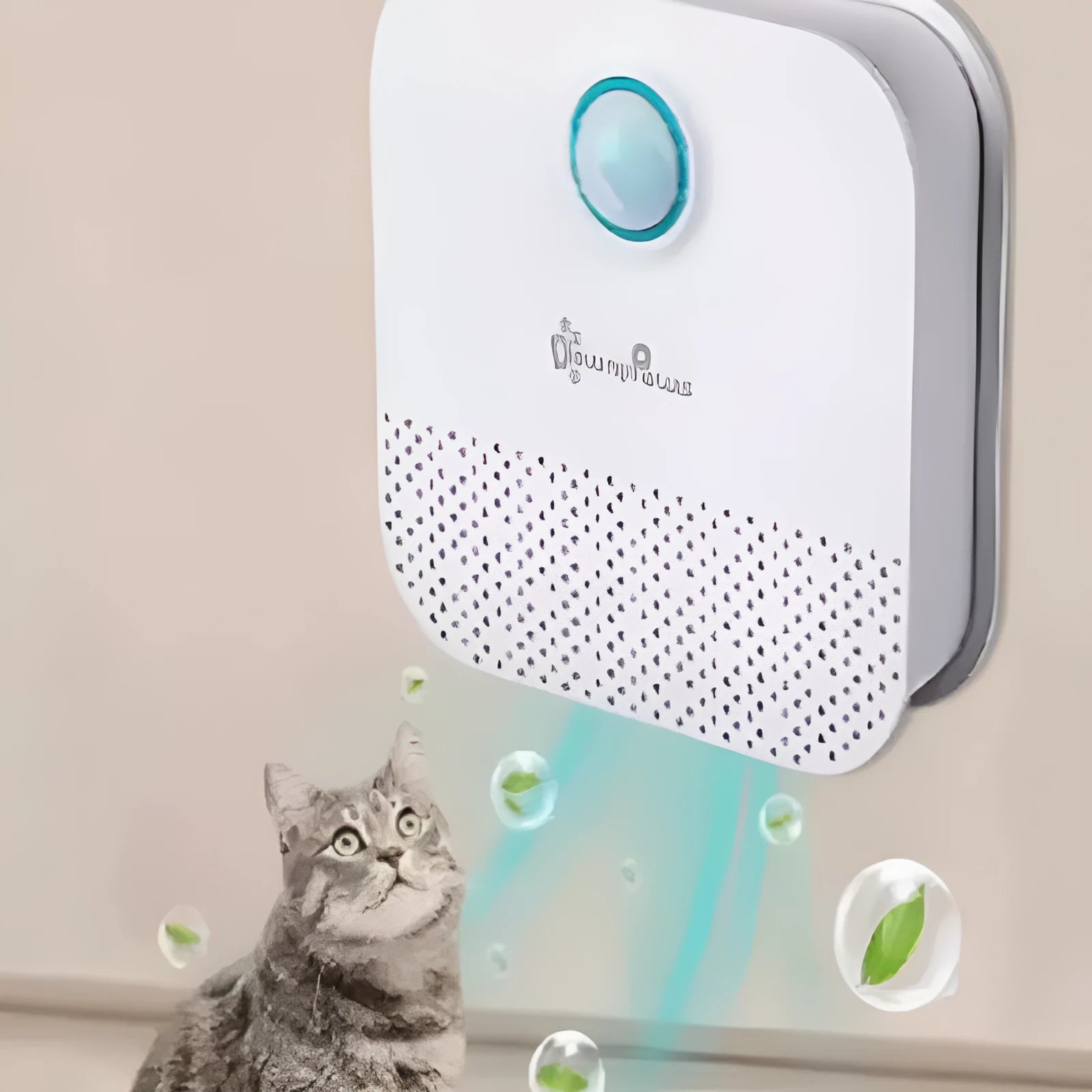 White DownyPaws smart cat odor purifier unit with compact 9.2cm cubic design for litter box areas.