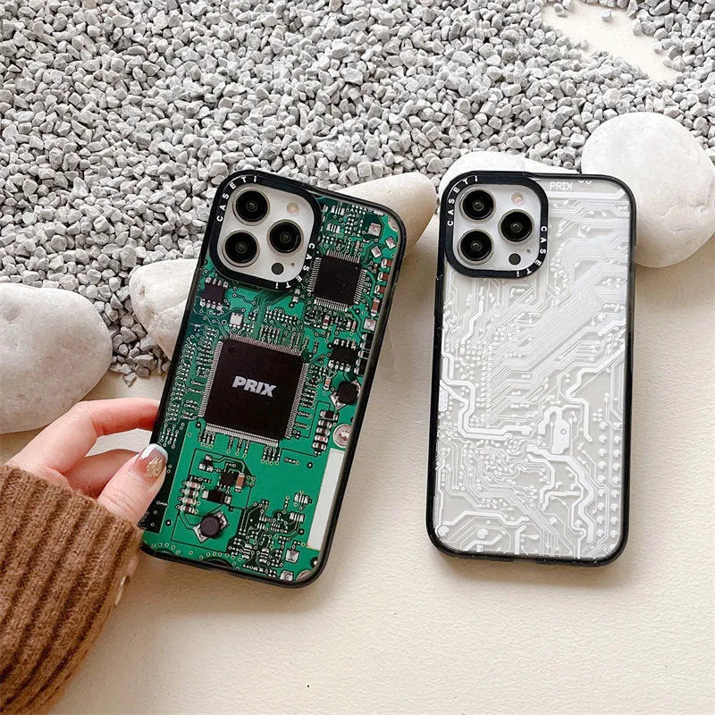 Circuit board acrylic phone case with hard PC shell for Apple iPhone, shown in IC Board or White Circuit Board colour.