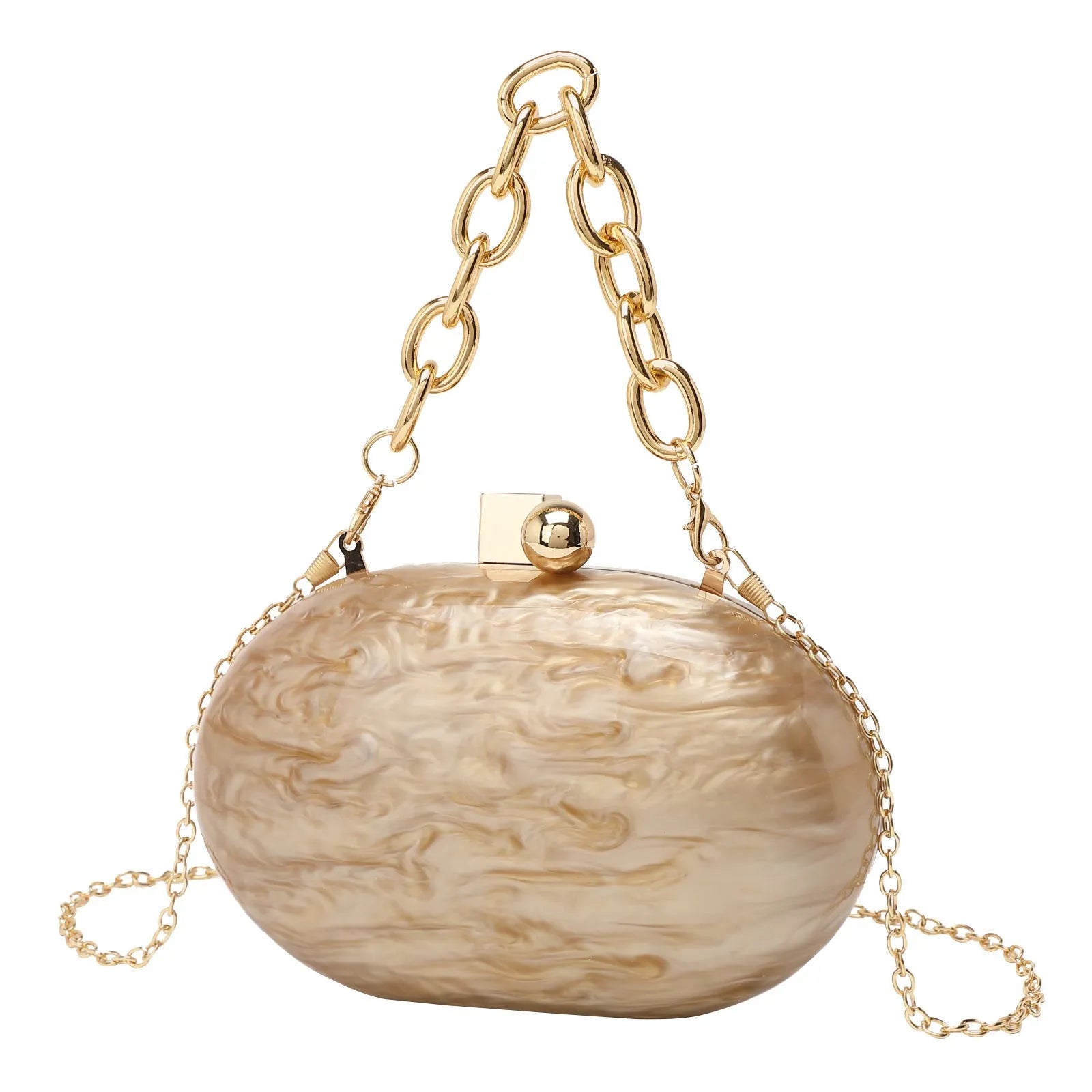 Hard acrylic oval clutch bag with chain strap in a pearlescent colour with phone and file compartments visible.