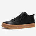 Men's black leather casual lace-up shoes with a round toe and flat rubber sole
