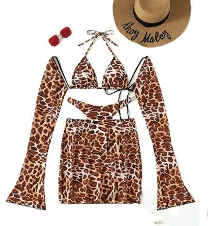 Women's leopard print split bikini swimsuit set with strapless top, high-waisted briefs, and matching skirt