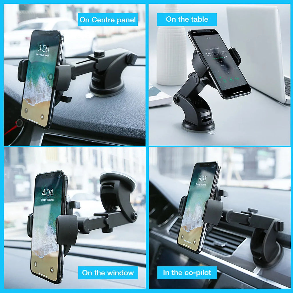 Yellow and black telescopic car phone holder with suction cup mounted on a dashboard.