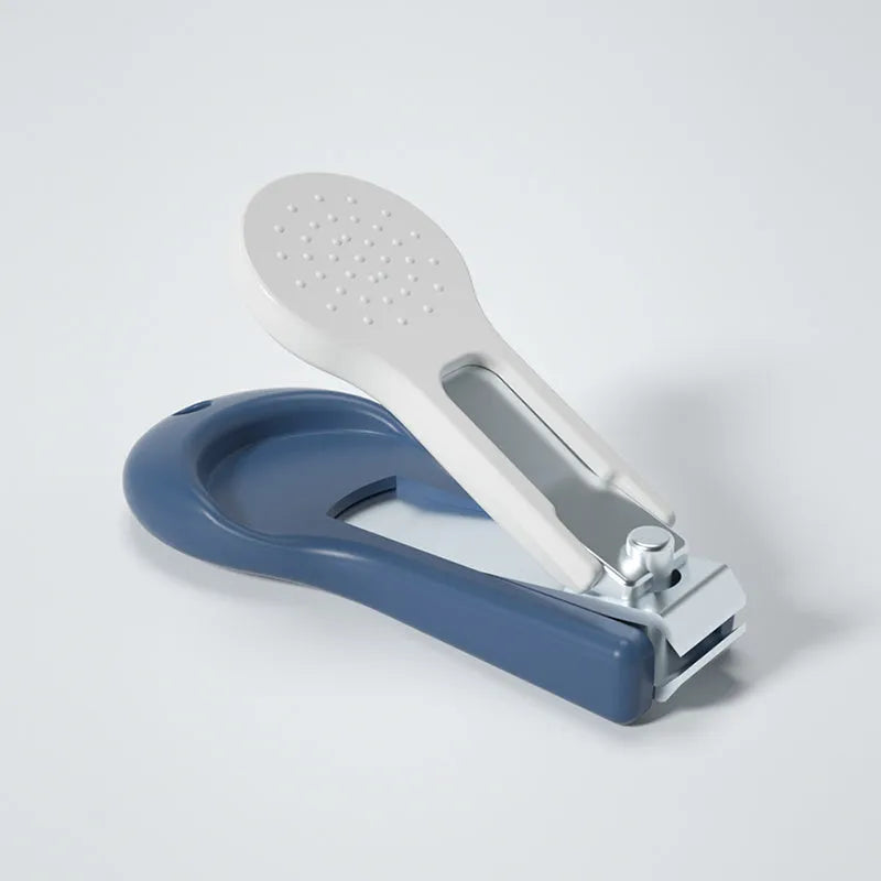 Baby nail clippers with silicone finger grips, stainless steel blades, and a choice of blue or pink animal designs.