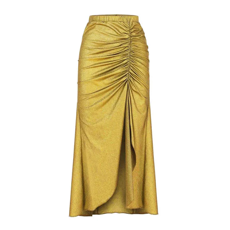 Yellow and green women's high-waist bikini set with separate top, pants, and a wrap skirt.