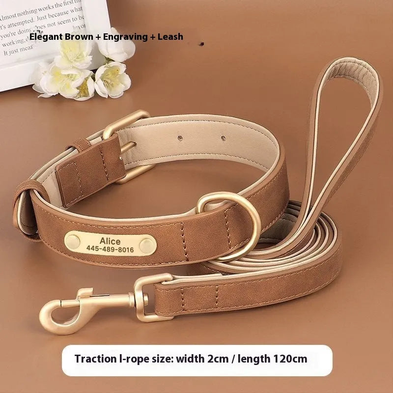 A blue double-layer leather dog collar with a matching leash on a white background.