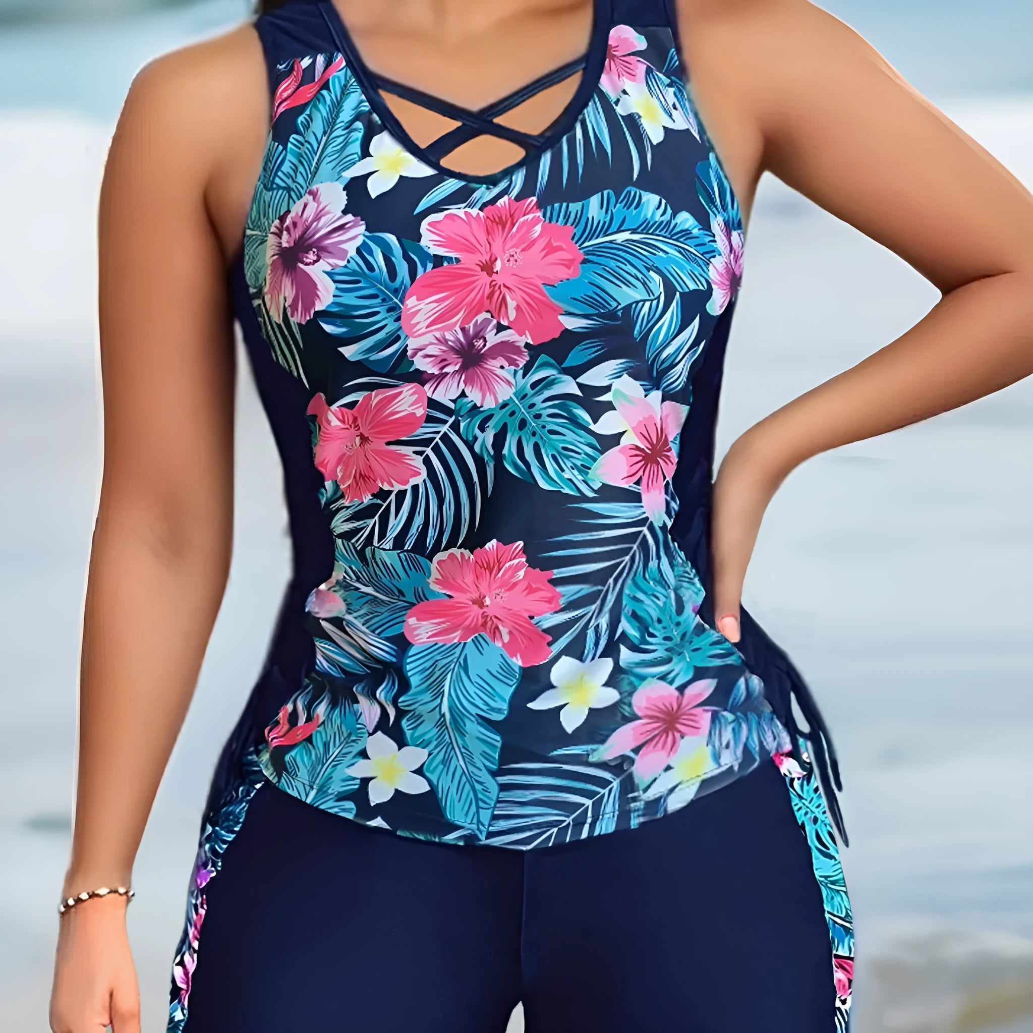 Plus size women's floral print bikini with high-waist briefs in navy blue