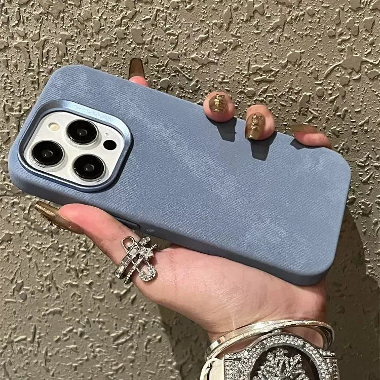 Magnetic leather flannel hard case for iPhone in silver grey colour showing velvet texture