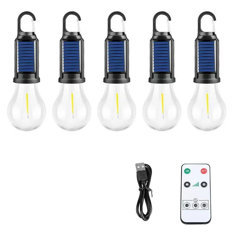 Five solar-powered lantern-shaped outdoor lights with warm white LED illumination