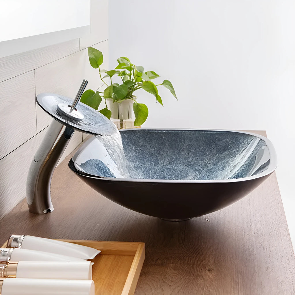 Blue grey foil coloured tempered glass bathroom vanity basin with a simple art design
