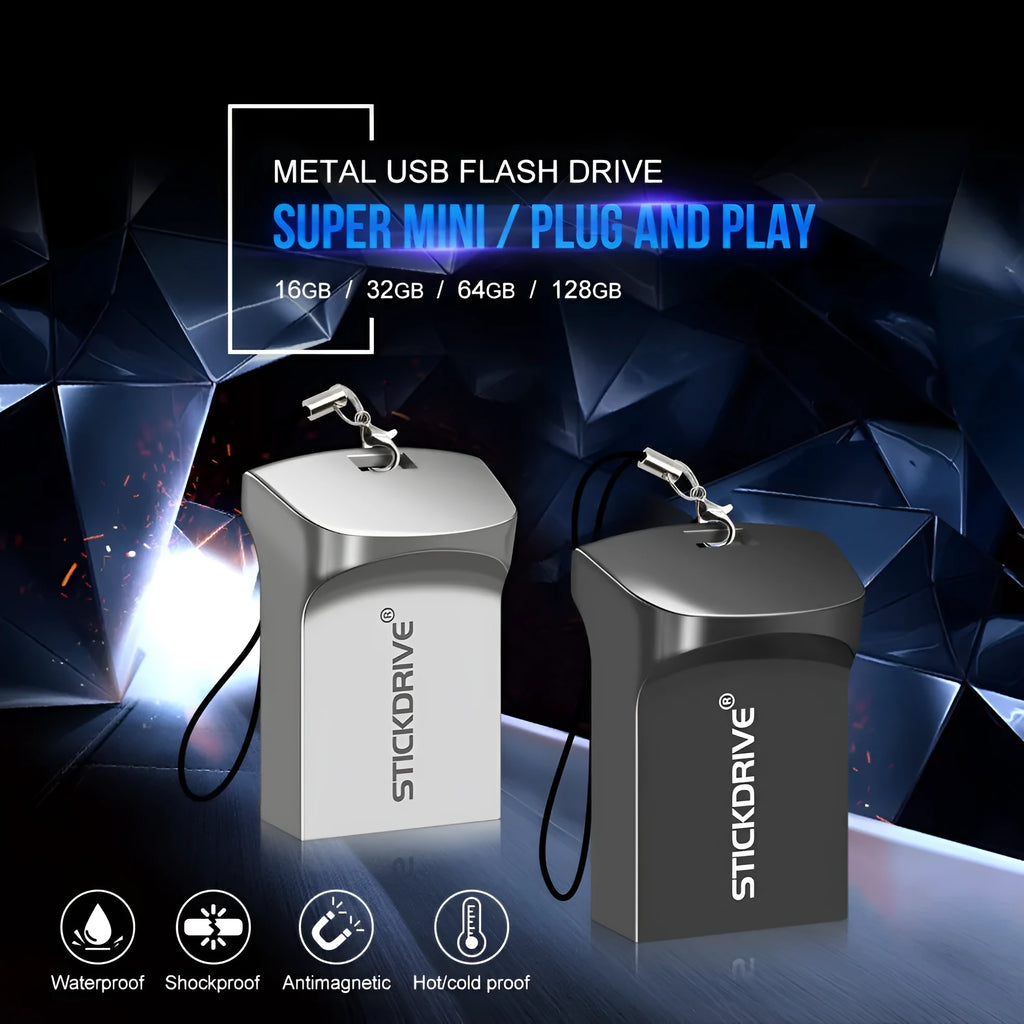 Metal USB flash drive on a silver chain necklace, shown in black and silver colour variants.