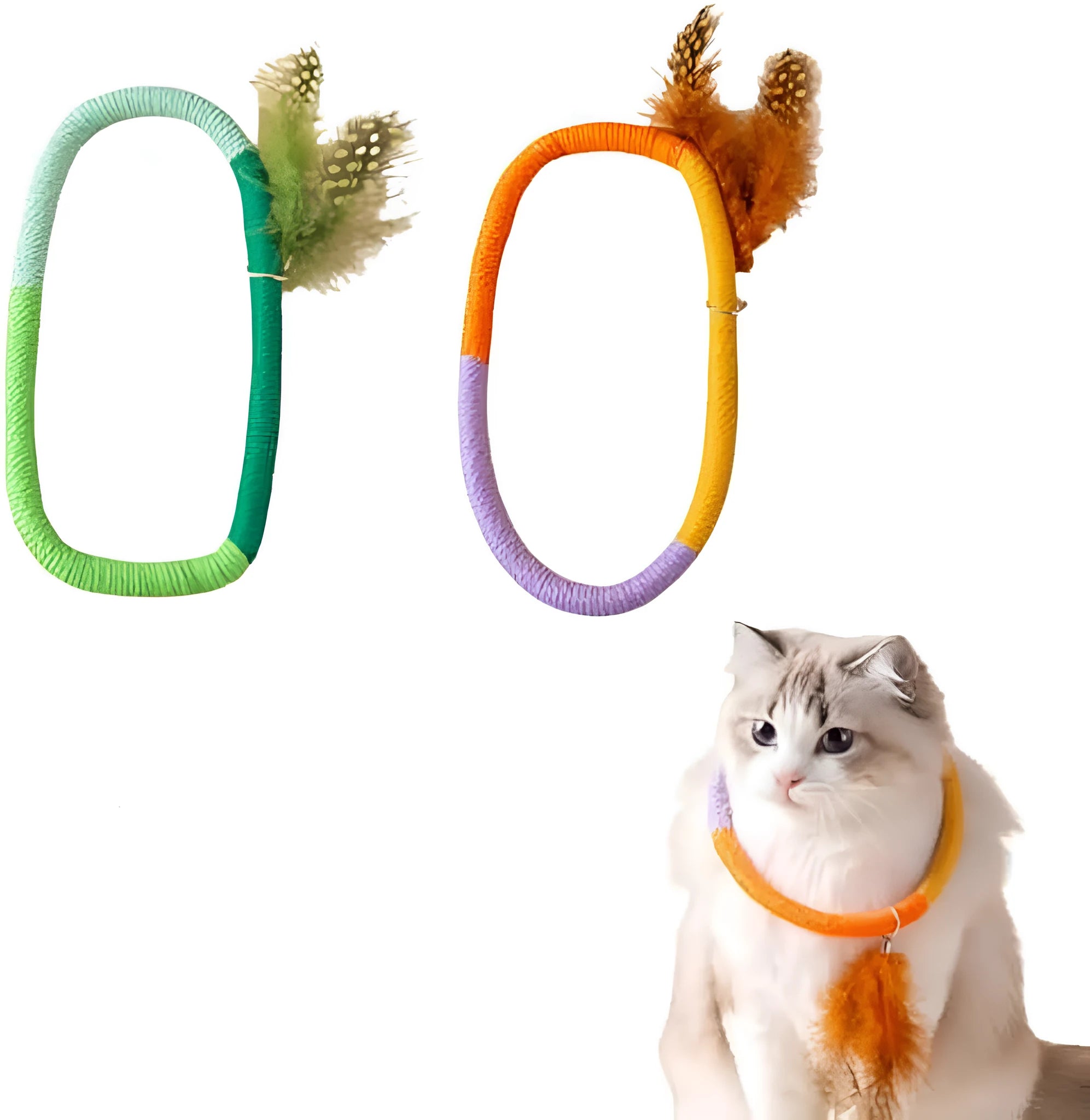 Green circular cotton rope cat toy with feathers attached, shown next to purple version