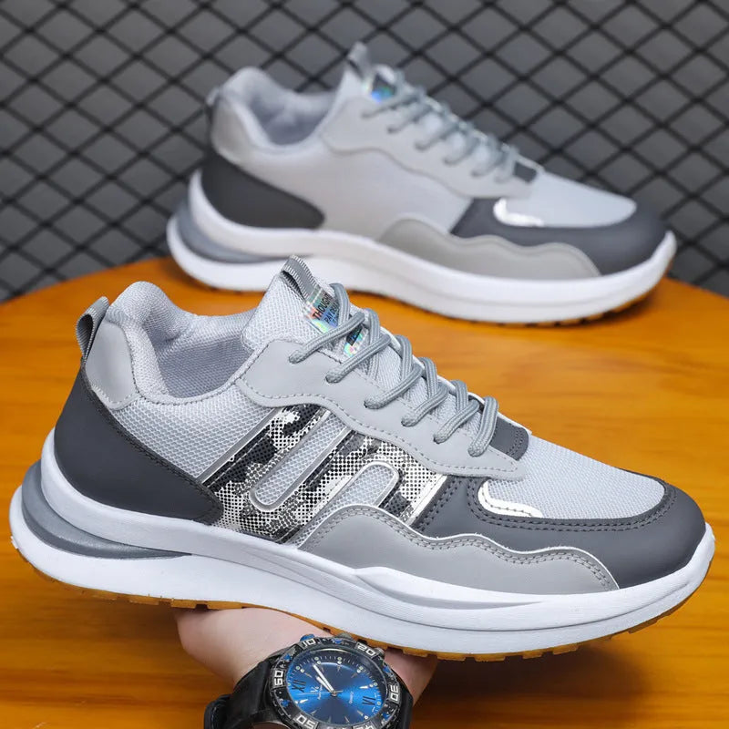 Men's white green mesh sports shoes with plastic sole and leather toe holder