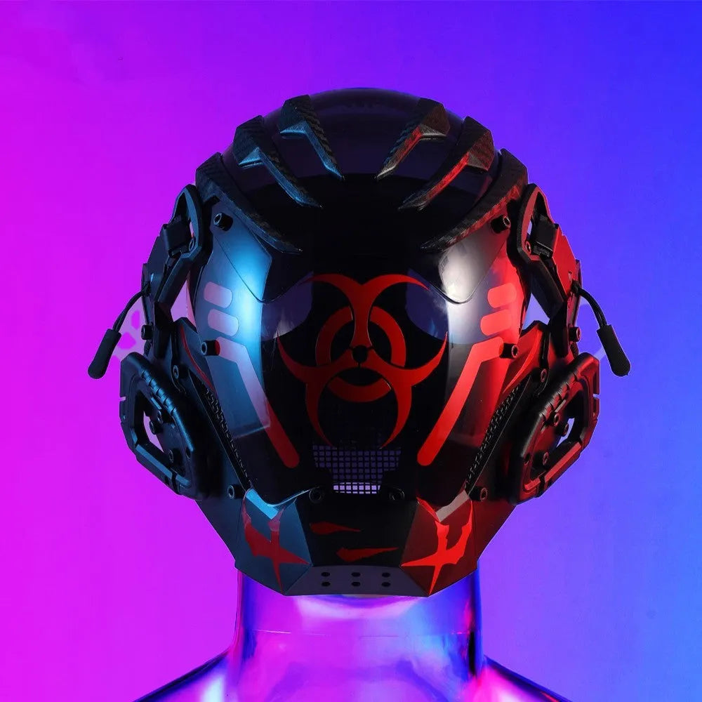 Black full face costume prop helmet with a smooth, futuristic design on a grey background.