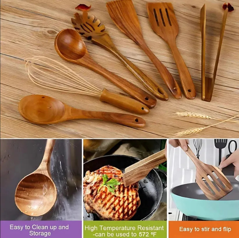 Seven wooden cooking utensils including spoons and spatulas arranged together