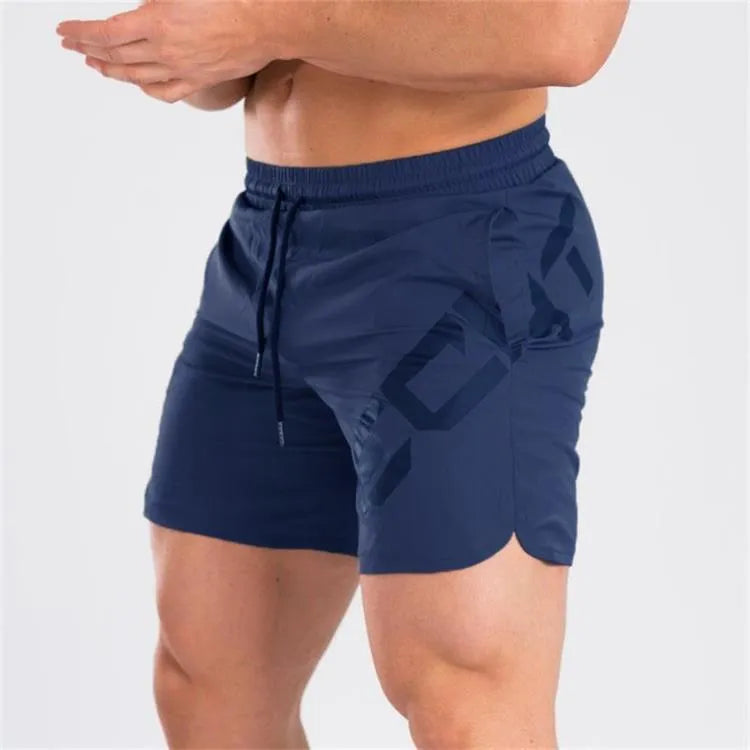 Men's black elastic training running shorts with knee-length cut and quick-dry fabric