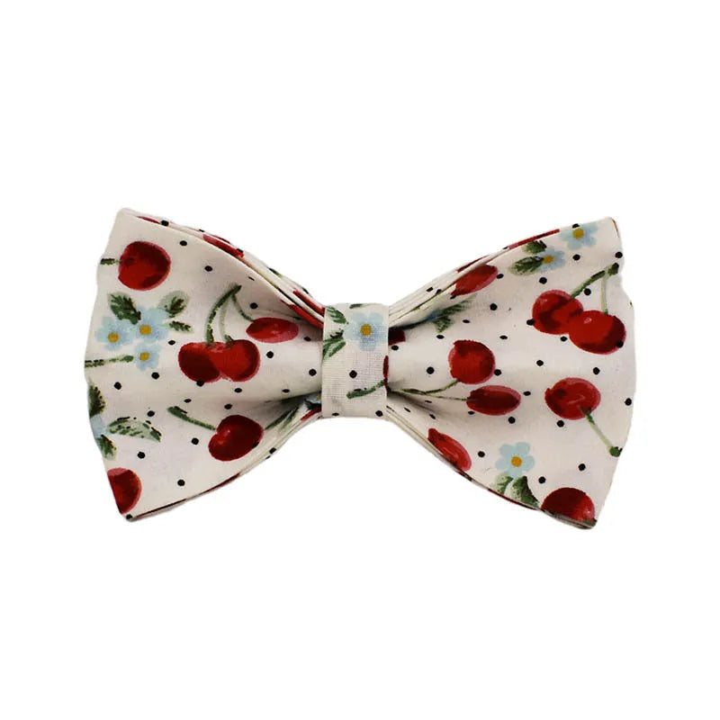 Red cherry print pet collar, lead, and harness set with light gold buckles and matching waste bag dispenser
