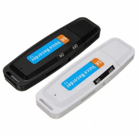 Black and white plastic USB flash drive with voice function showing dimensions and capacity options
