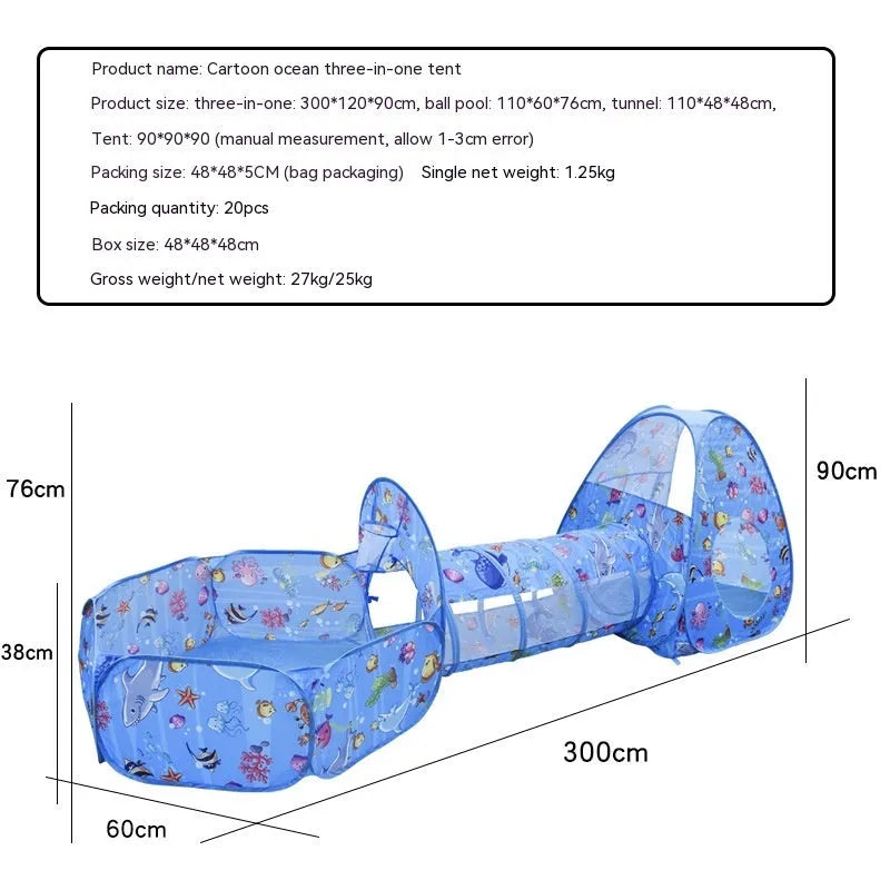 Three-in-one children's play tent set with inflatable ball pool and connecting tunnel in cartoon marine design