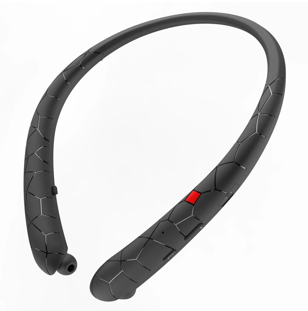 Bluetooth neckband headphones in black with retractable wires, 10mm driver, and CVC6.0 noise cancellation for sports