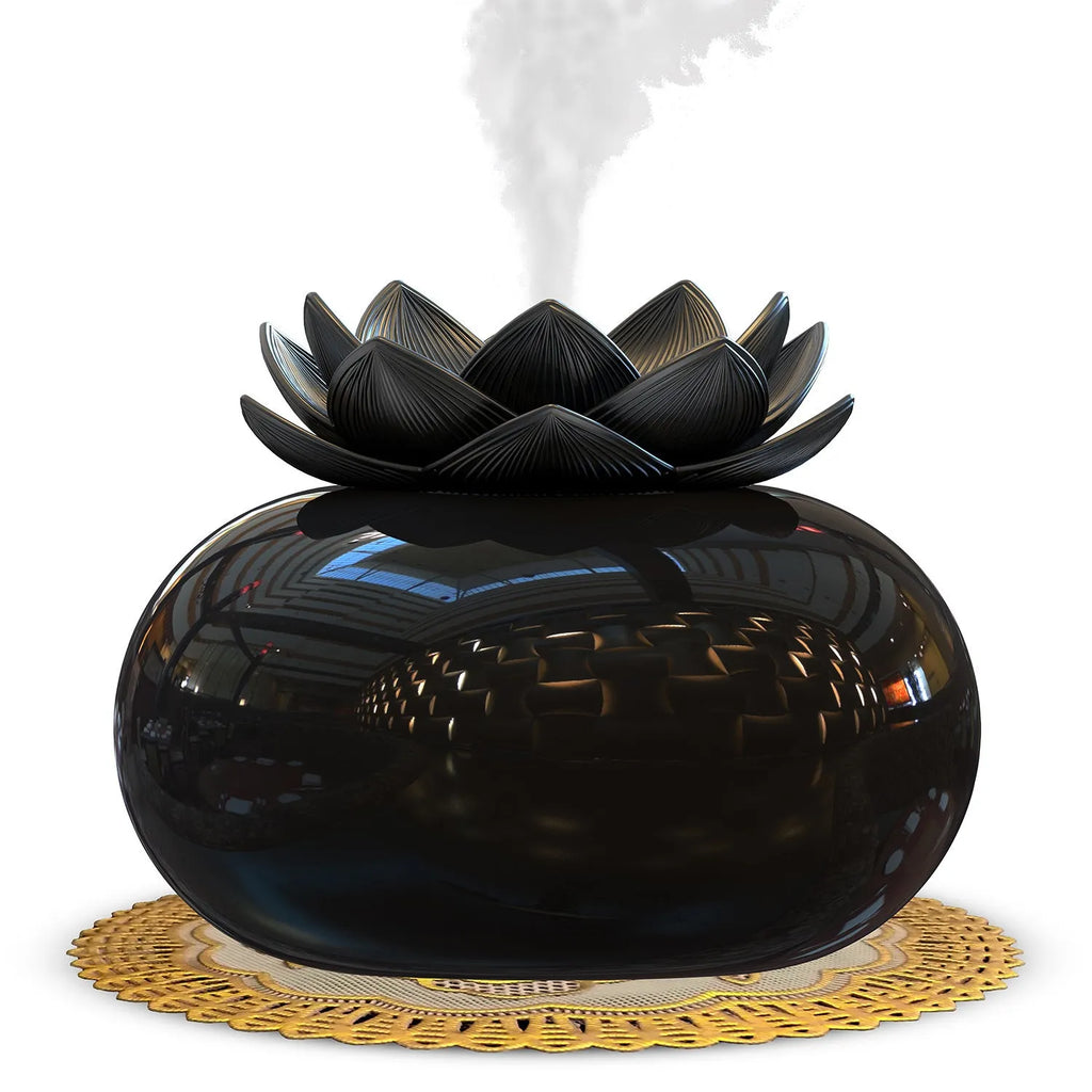 Pure black round lotus aromatherapy humidifier with USB cable connection and mechanical controls