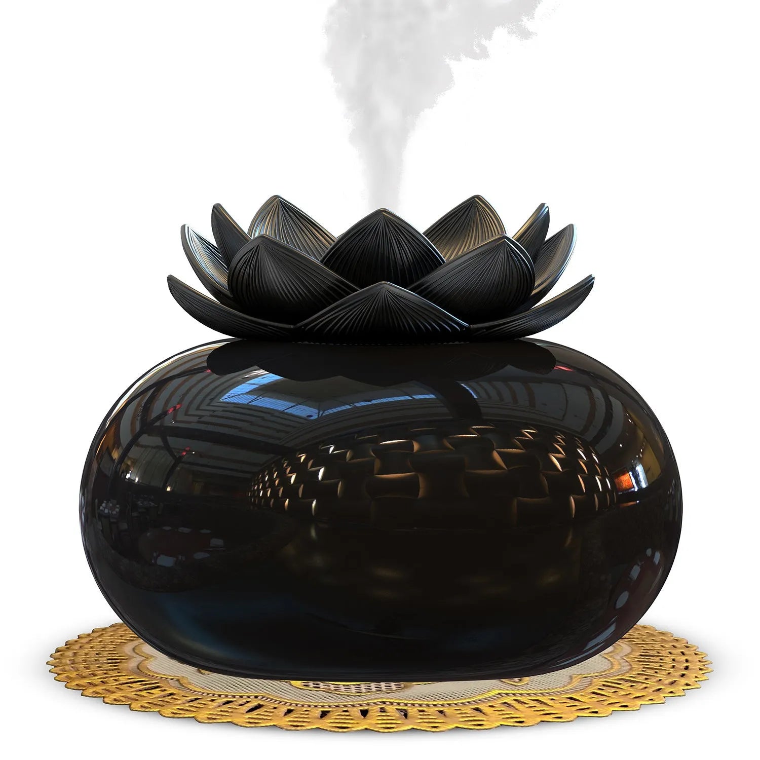 Pure black round lotus aromatherapy humidifier with USB cable connection and mechanical controls