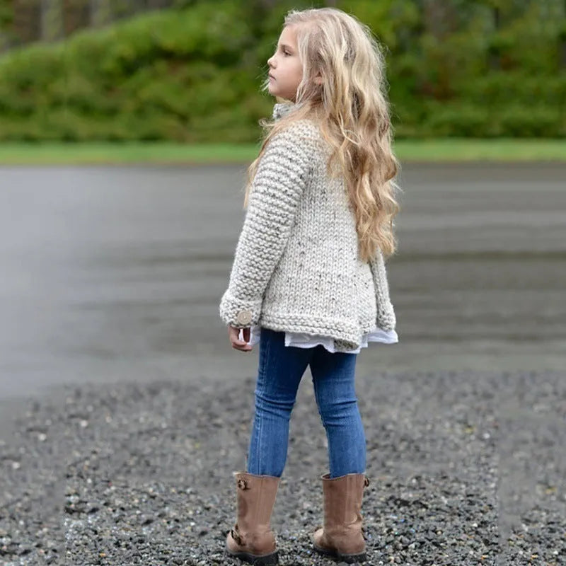 Beige girls cardigan sweater coat with long sleeves and single-breasted front