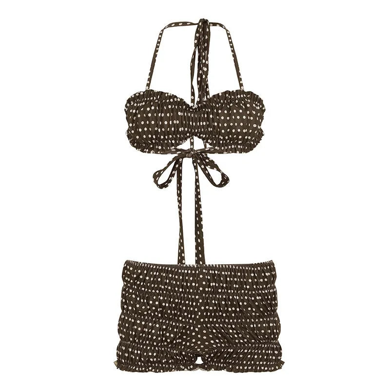 Brown polka dot contrast shorts suit for women with sleeveless strap top and shorts