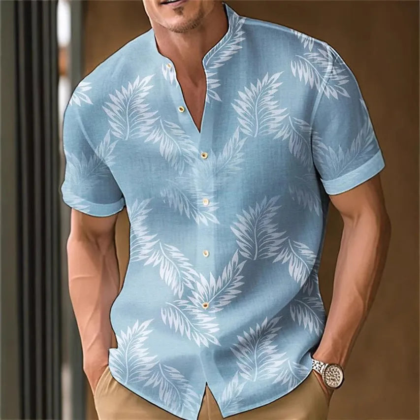 Men's casual printed polyester shirt shown in one of eight available colours.