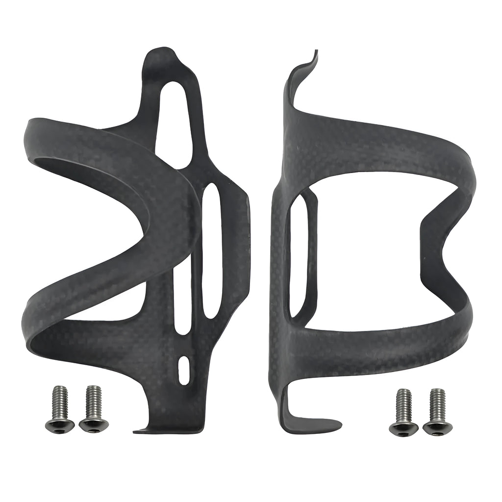 Black carbon fibre side-pull water bottle cage for bicycles with 65mm mounting holes.