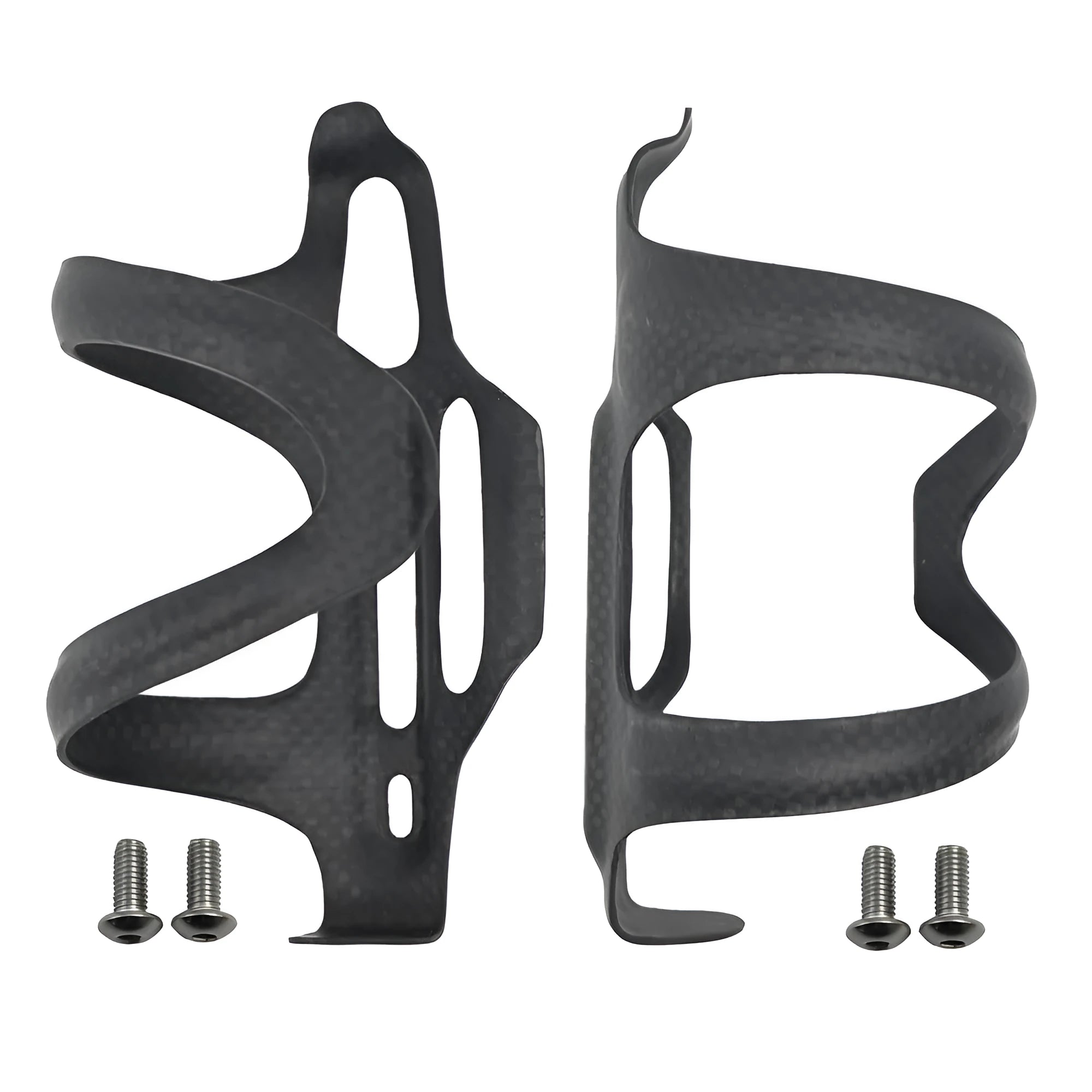 Black carbon fibre side-pull water bottle cage for bicycles with 65mm mounting holes.
