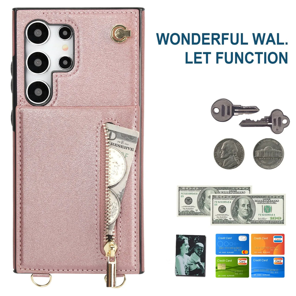 Samsung phone case with card slots and crossbody zipper bracket in Japanese Korean style