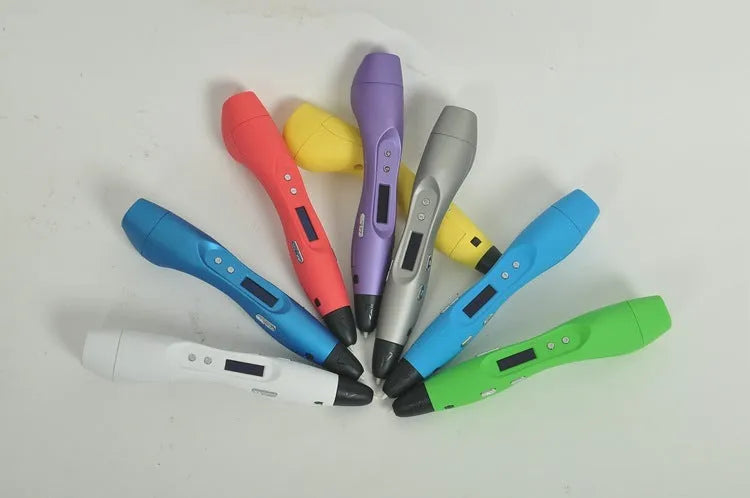 3D print pen with hot melt extrusion nozzle and silver body on white background