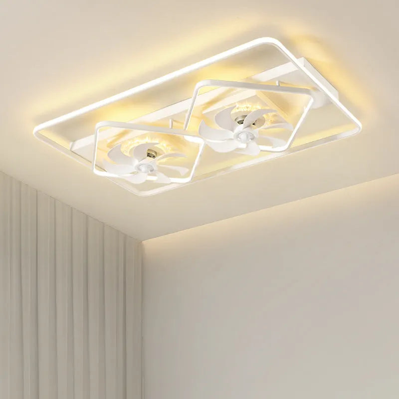 Modern ceiling fan with integrated light fixture showing plastic blades and acrylic lampshade