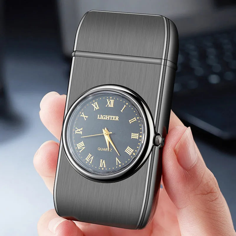 Electronic gas cigarette lighter with LED watch display in metallic finishes
