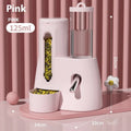 White automatic drinking water feeder with attached food bowl for hamsters, shown next to blue and pink colour options.