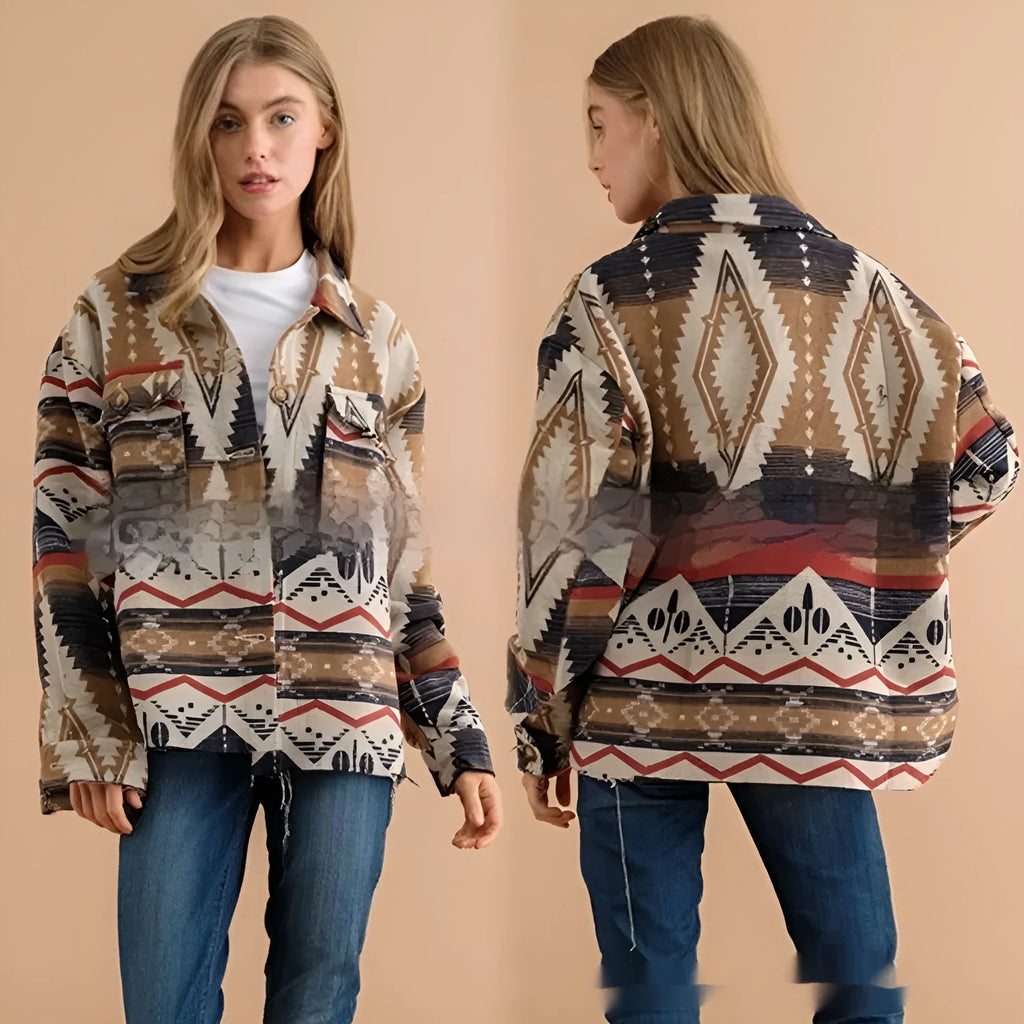 Women's loose aztec printed retro jacket in army green, khaki, or sapphire blue.