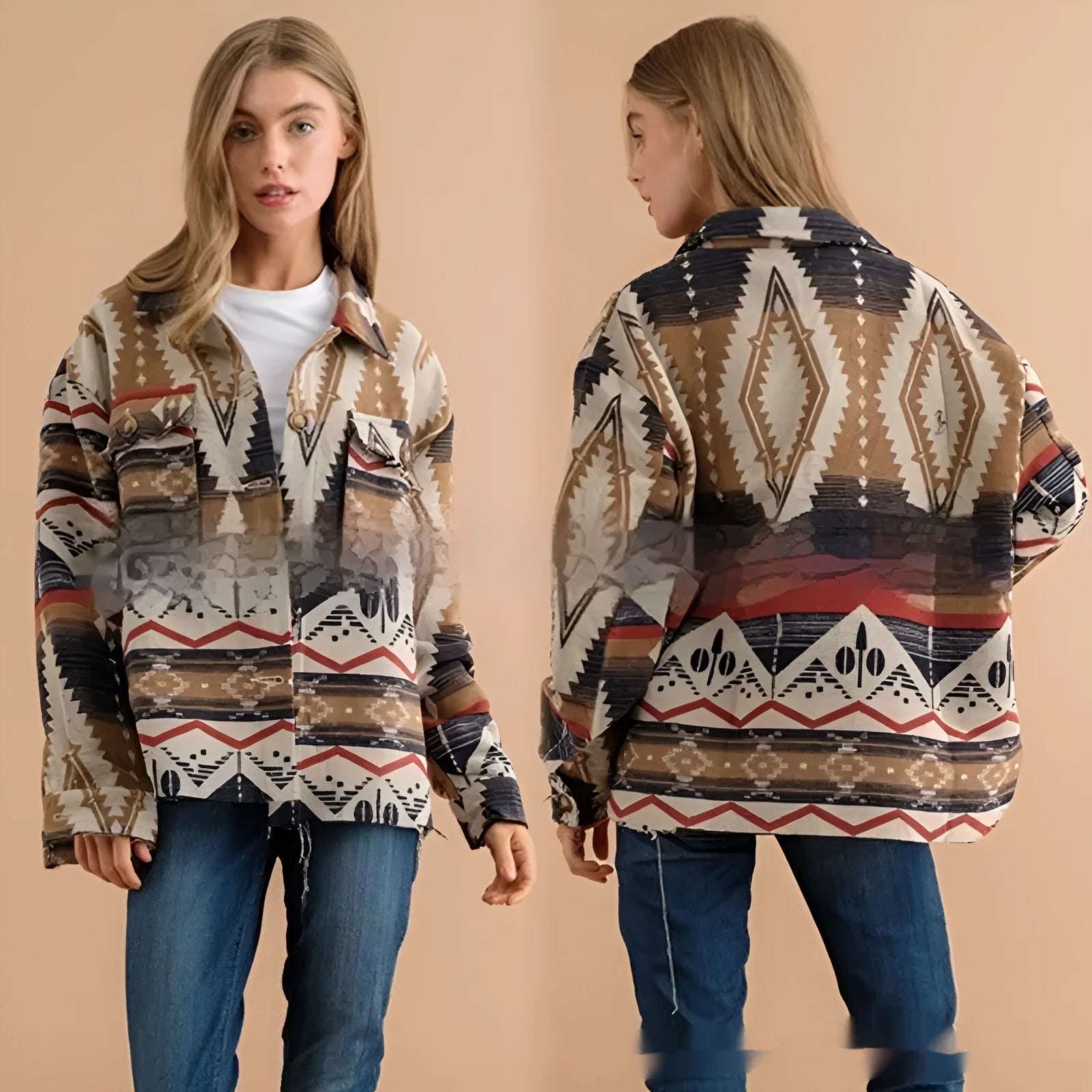 Women's loose aztec printed retro jacket in army green, khaki, or sapphire blue.