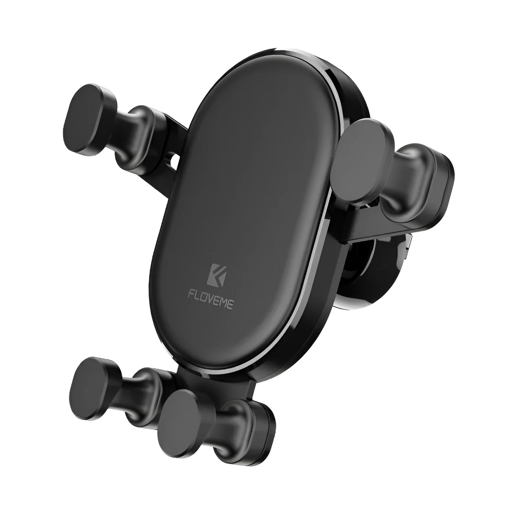 Black gravity car phone holder mounted on a car air vent, showing 360-degree rotation mechanism