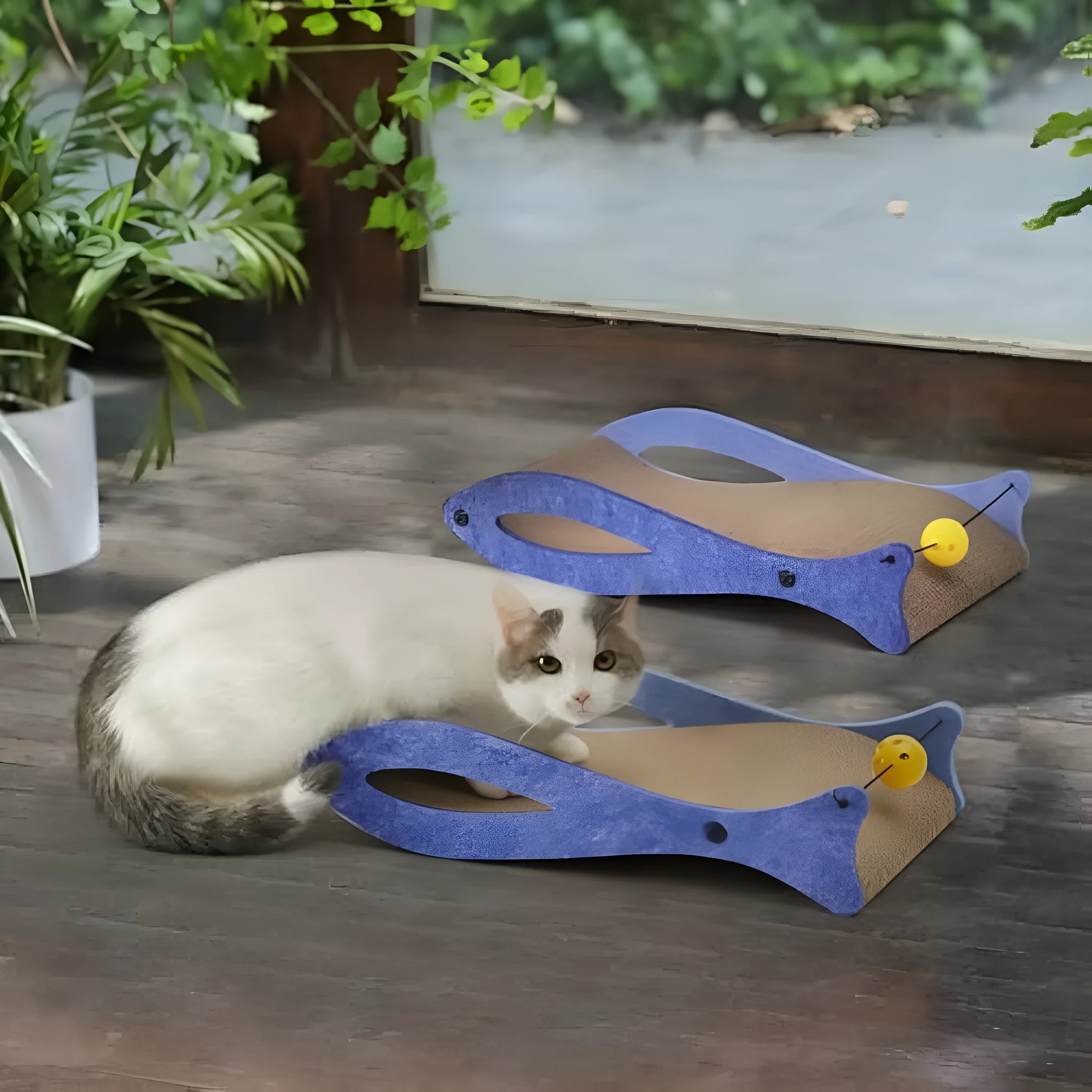 Blue fish-shaped cardboard cat scratcher lounge with a bell ball toy attached.