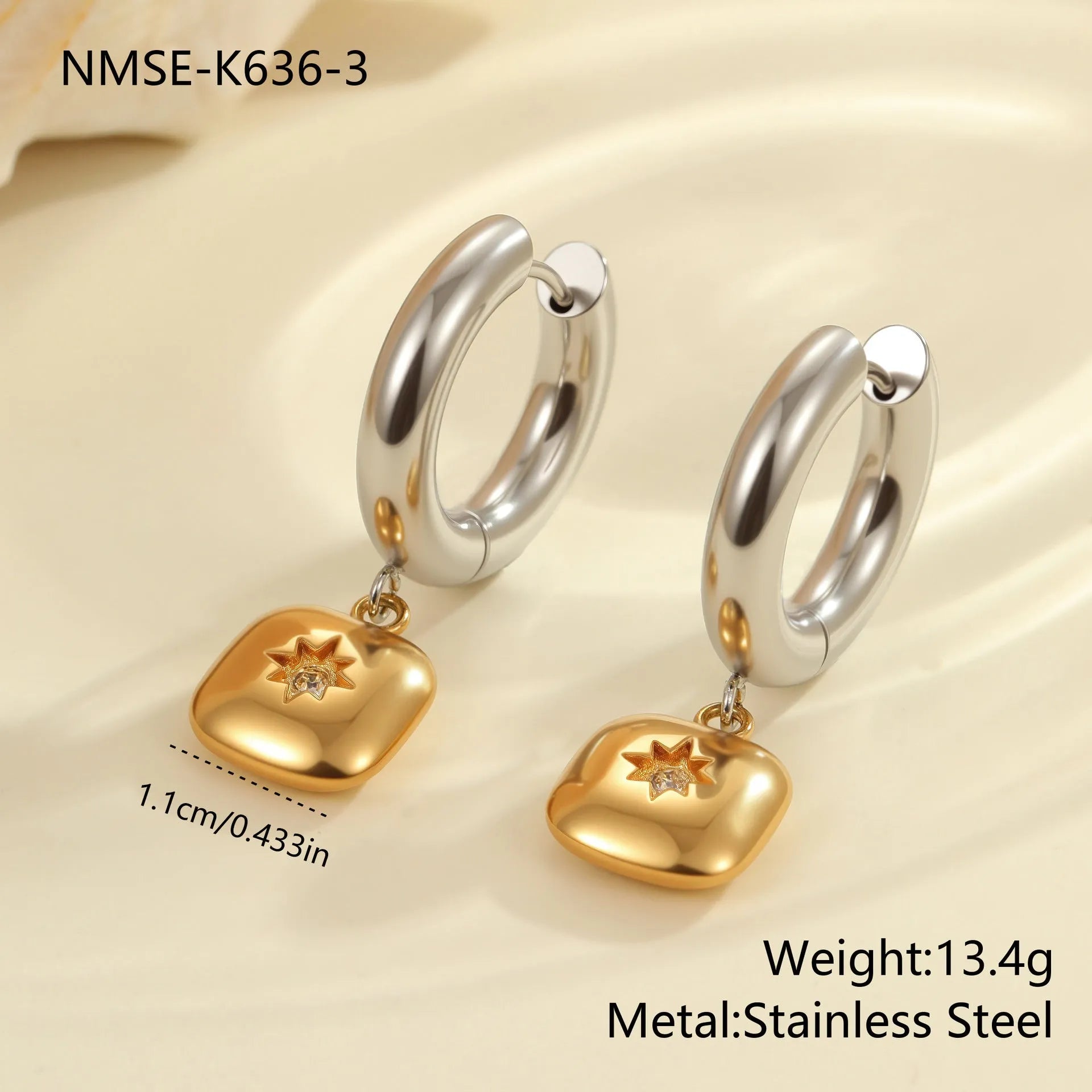 Women's stainless steel earrings with 18K gold plating in heart, star, and Christmas tree shapes.