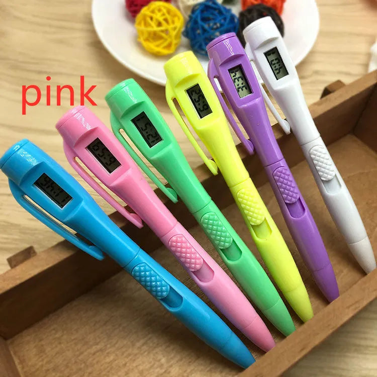 Electronic watch test ballpoint pen with plastic shell in a colour option, on a plain background