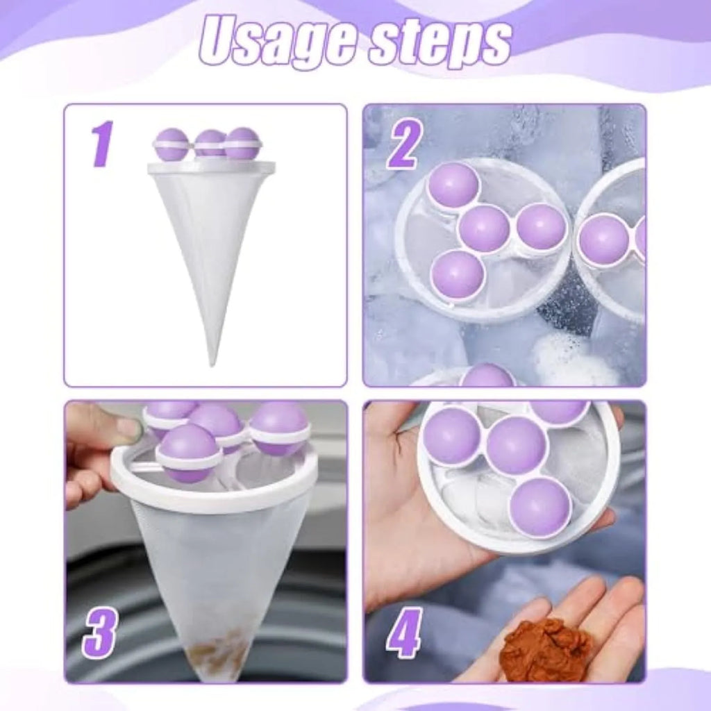 Three reusable pink blue purple washing machine hair filter mesh bags for pet lint removal